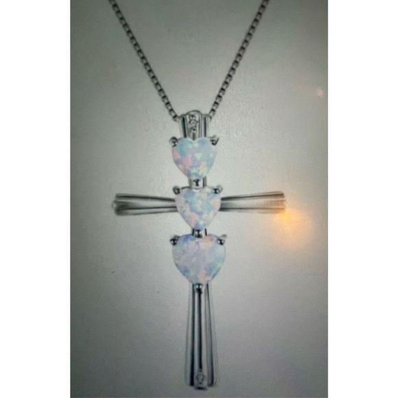 Unique white OPAL HEARTS ON STERLING SILVER CROSS NECKLACE - Picture 1 of 3